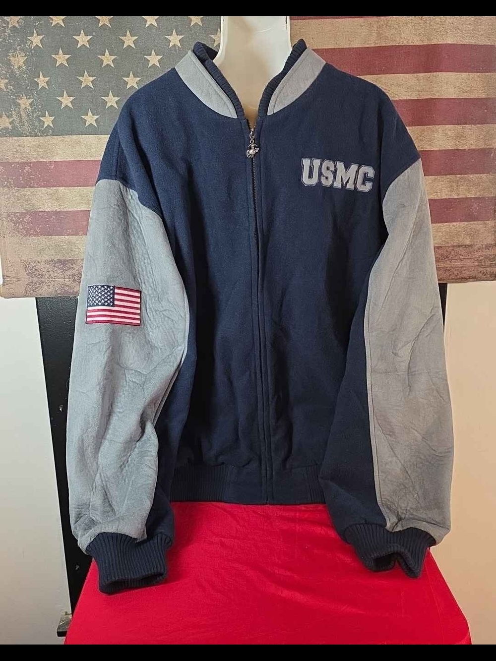 USMC Bradford Exchange Blue Iwo Jima Semper Marines Varsity Bomber Jacket Size L